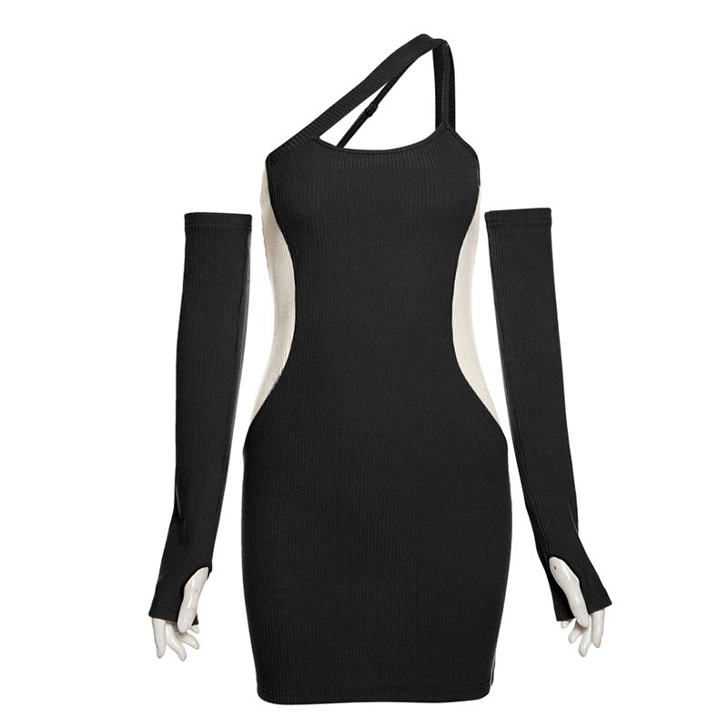 Sexy Pure Sexy Dress Sweet and Spicy Retro Contrast Color Hanging Neck Dress Show Waist Slimming Skirt Sexy Open Shoulder Wrap Hip Skirt