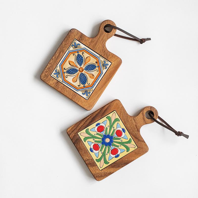 HeMu Vintage tile pot mat Solid wood home dining mat insulation mat casserole mat Heat resistant kitchen table mat pot mat