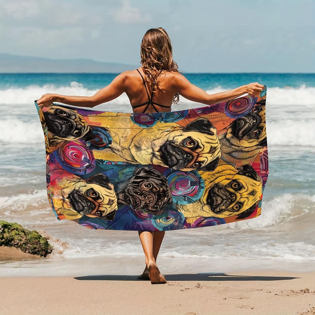 Künstlerische Mops-Hunde-Collage Strandtuch Flachdruck Lebendiges Tiermuster Badetuch für Kinder Erwachsene Strandparty Pool Reise