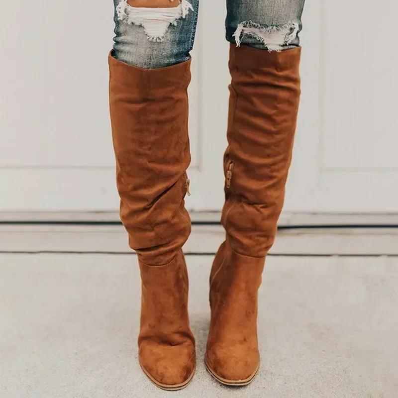 2024 Women Knee-High Boots Sexy High Heels Solid Color Women Shoes  Winter Warm Flock Fashion Pointed Toe Rome Females Boots