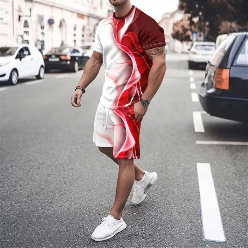 New Gradient Texture T-Shirt Men's Two-Piece Summer New Shorts Suit Fashion 3D Printing Street Casual Sportswear Men's Models