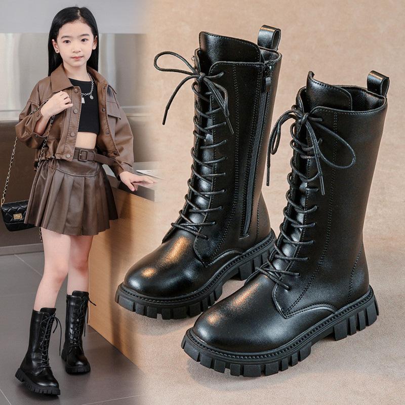 Girls High Boots Princess Boots Kids Fashion Chic Solid Black Uniform Party Shoes Martin Boots Back Autumn Winter Warm Low Heels Children Boots