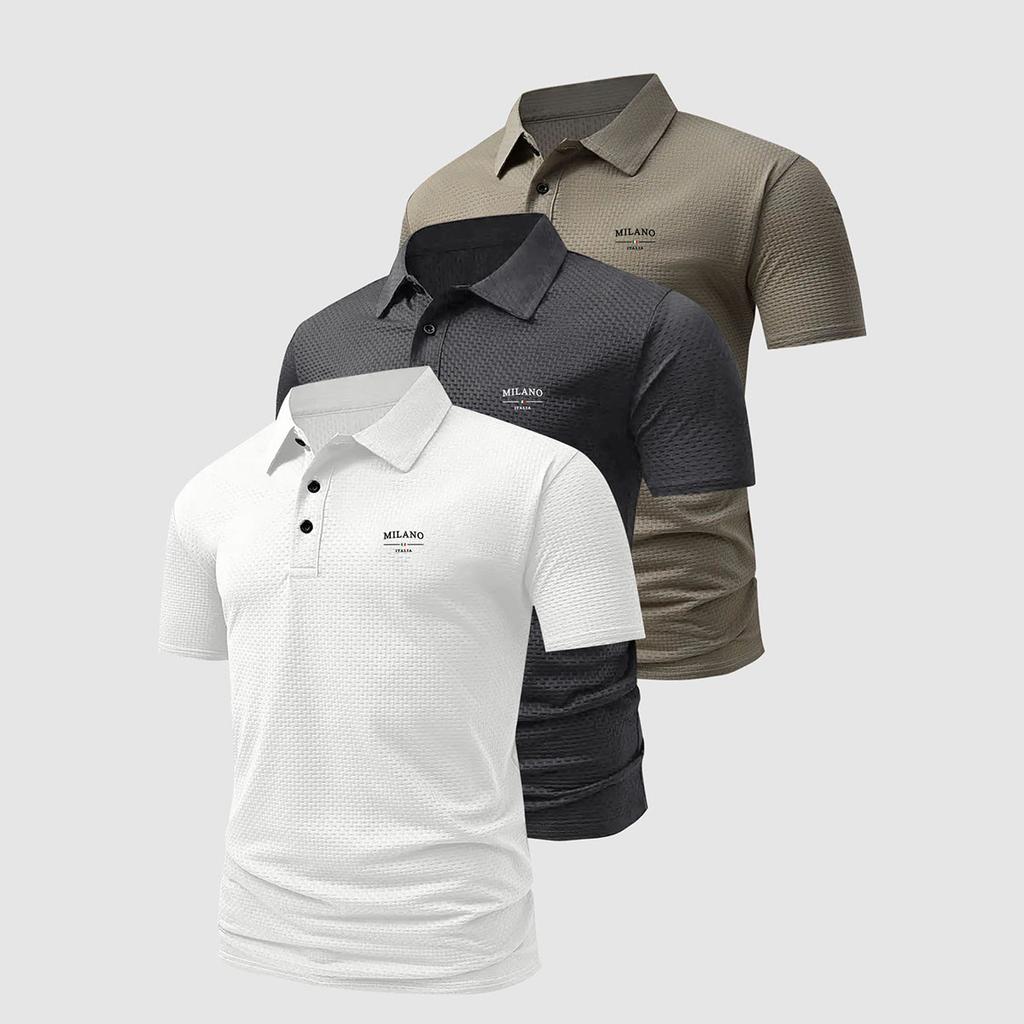 Herren 3er-Pack Waffelstrick Poloshirts MILANO Print Lässige Kurzarmtops Weich Dehnbar Tägliche Kleidung