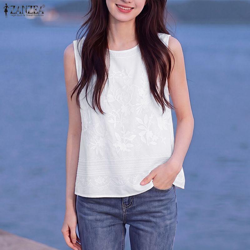 ZANZEA Women Print Casual Round Neck Loose Sleeveless Tank Tops