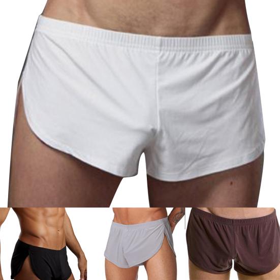 Solid Color Casual Men Elastic Waistband Split Shorts Underwear Home Sportswear