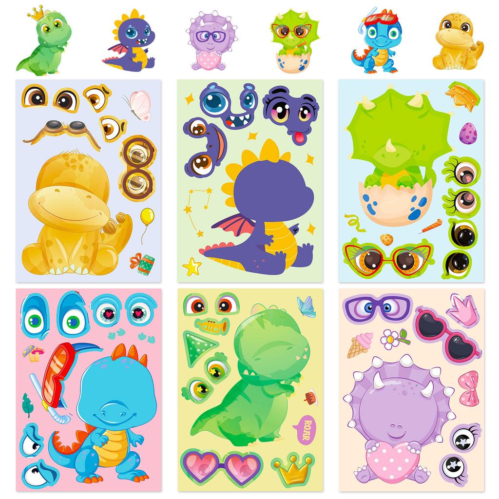 6 Sheets/Pack Dinosaur Face Change Cute Wind Independent Diy Children Quiet Toy Face Change Sticker