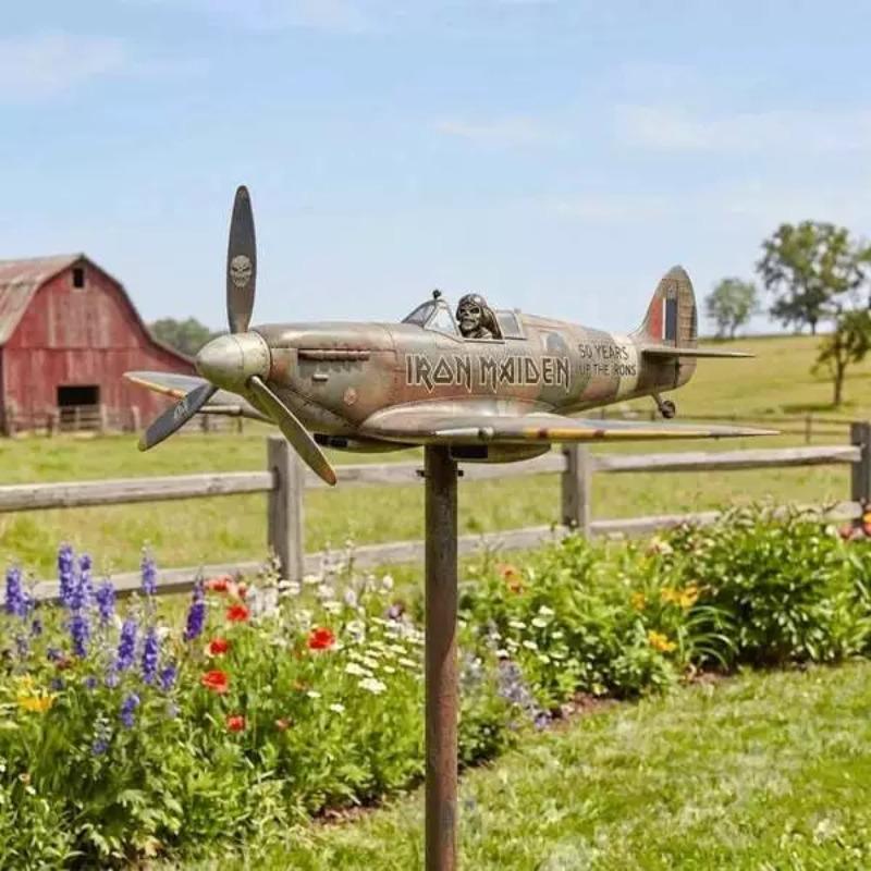 Garden Wind Spinner, Green Tractor Motocycle Fighter Jet Windmill Stake with Rotating Wheels for Patio Yard Garden,Unique Outdoor Sculptures Ornament
