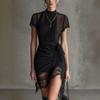 Women's Mini Dress Half High Collar Lace Trim Short Sleeve Drawstring Ruched Bodycon Dress Elegant Night Out Party Short Dress
