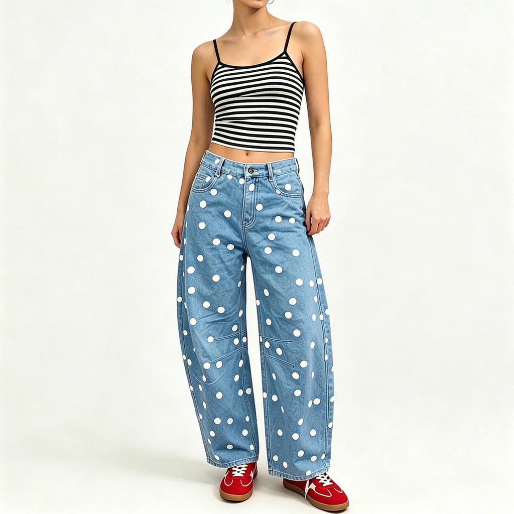 Jeans Donna a Gamba Curva, Vestibilità Larga, a Pois Bassi