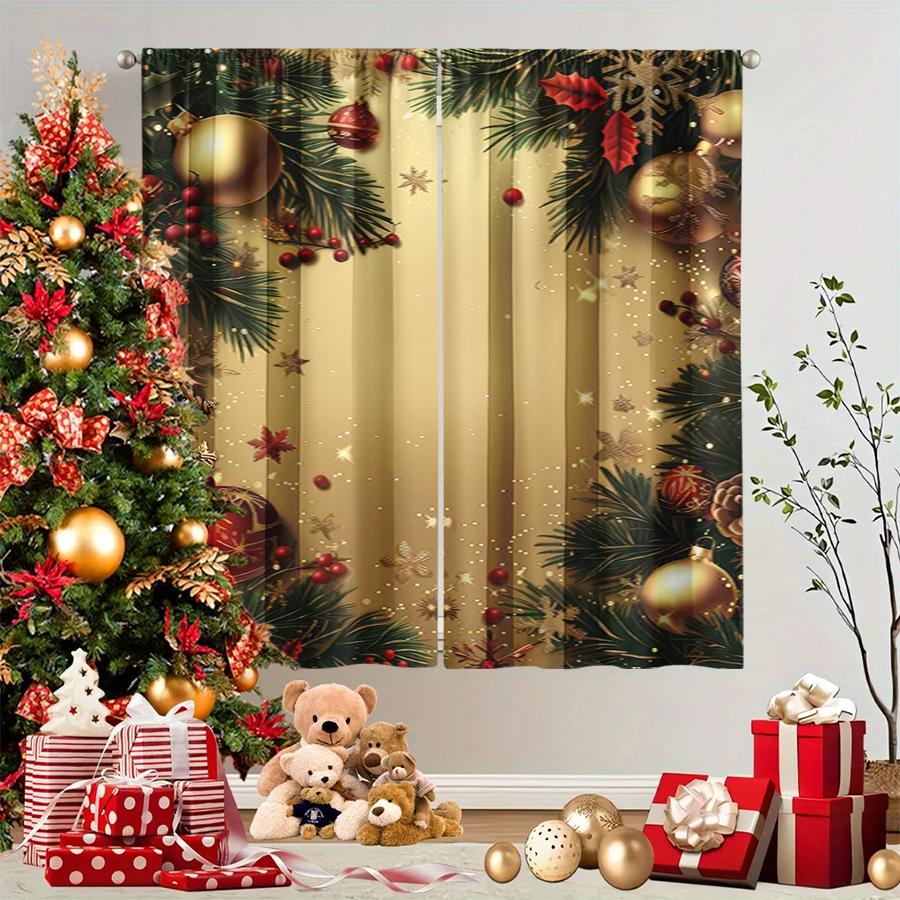 2PCS Gold Christmas Print Curtains, Xmas Ball Pine Branch Snowflake Window Drapes for Holiday Bedroom Living Room Decor