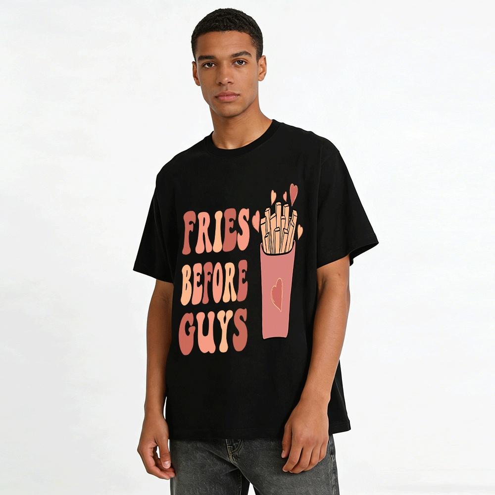 Funny Slogan FRIES BEFORE GUYS Heart Fries Print Casual Short Sleeve T-Shirt Pure Cotton T-shirt