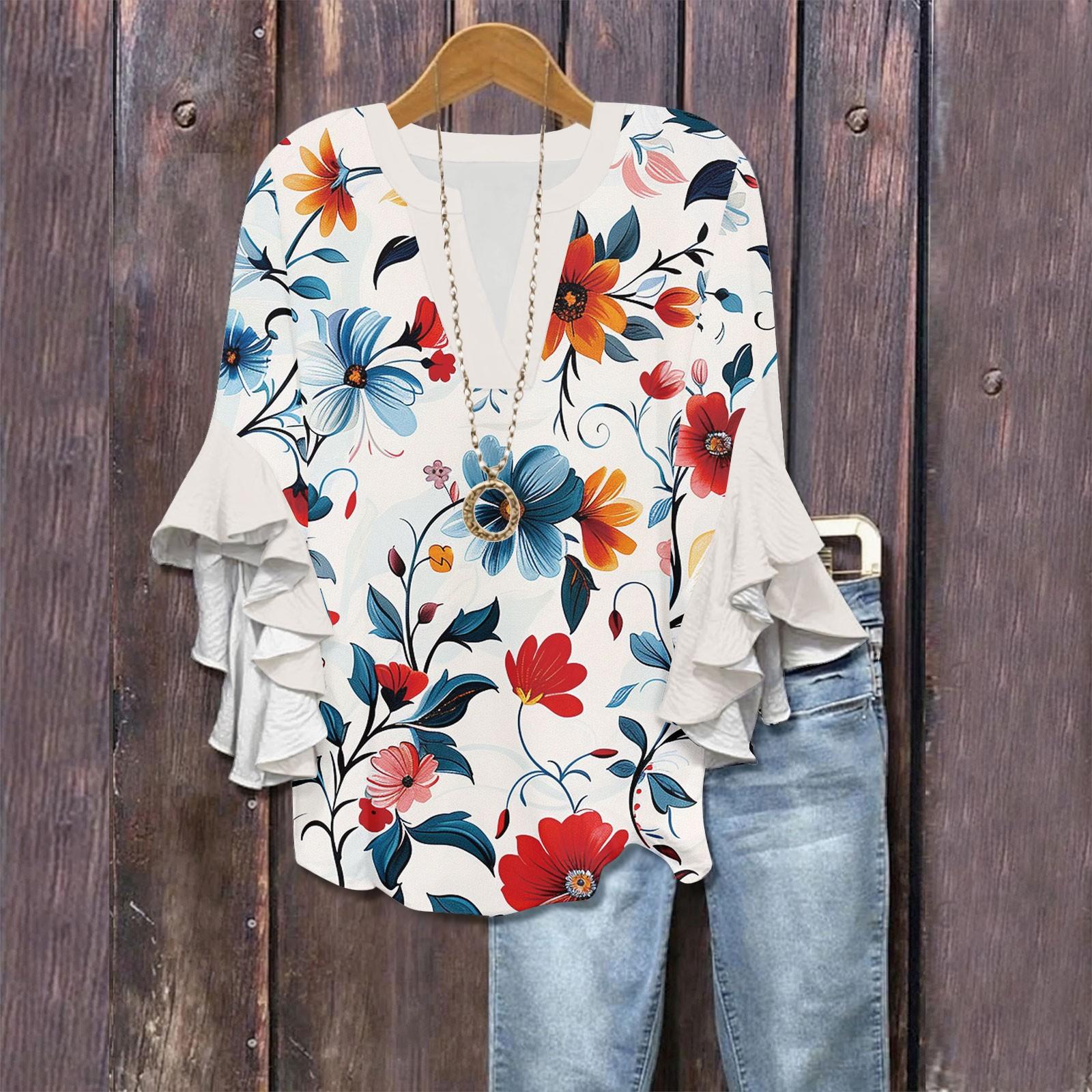 

3/4 Sleeve Shirts For Women Cute Print Graphic Tees Blouses Casual Plus Size Basic Ruffled Sleeve Tops Pullover XL