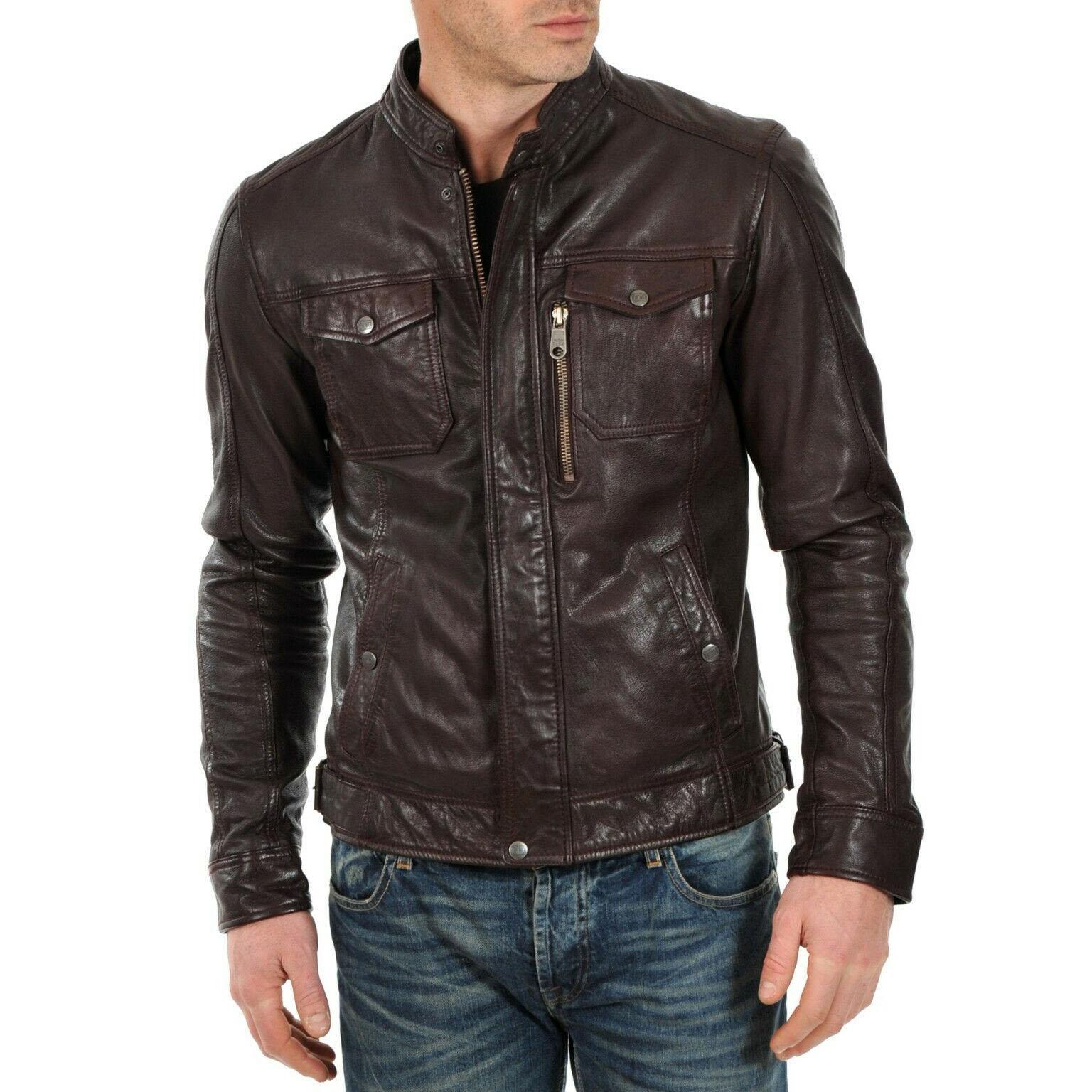 

SkinOutfit Men s Genuine Lambskin Brown Leather Jacket Stylish Motorcycle Bomber Biker Outerwear MJ 27 3XL коричневий