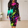 Women Plus Size Round Neck Long Sleeve Colorful Splash Printed Bodycon Midi Dress