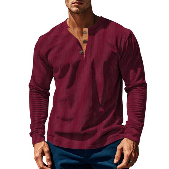 Men Long Sleeve T-Shirt Corduroy Solid Color Spring And Autumn T-Shirt Casual Henry Collar Slim Fit Tee for Daily Wear Travel Office