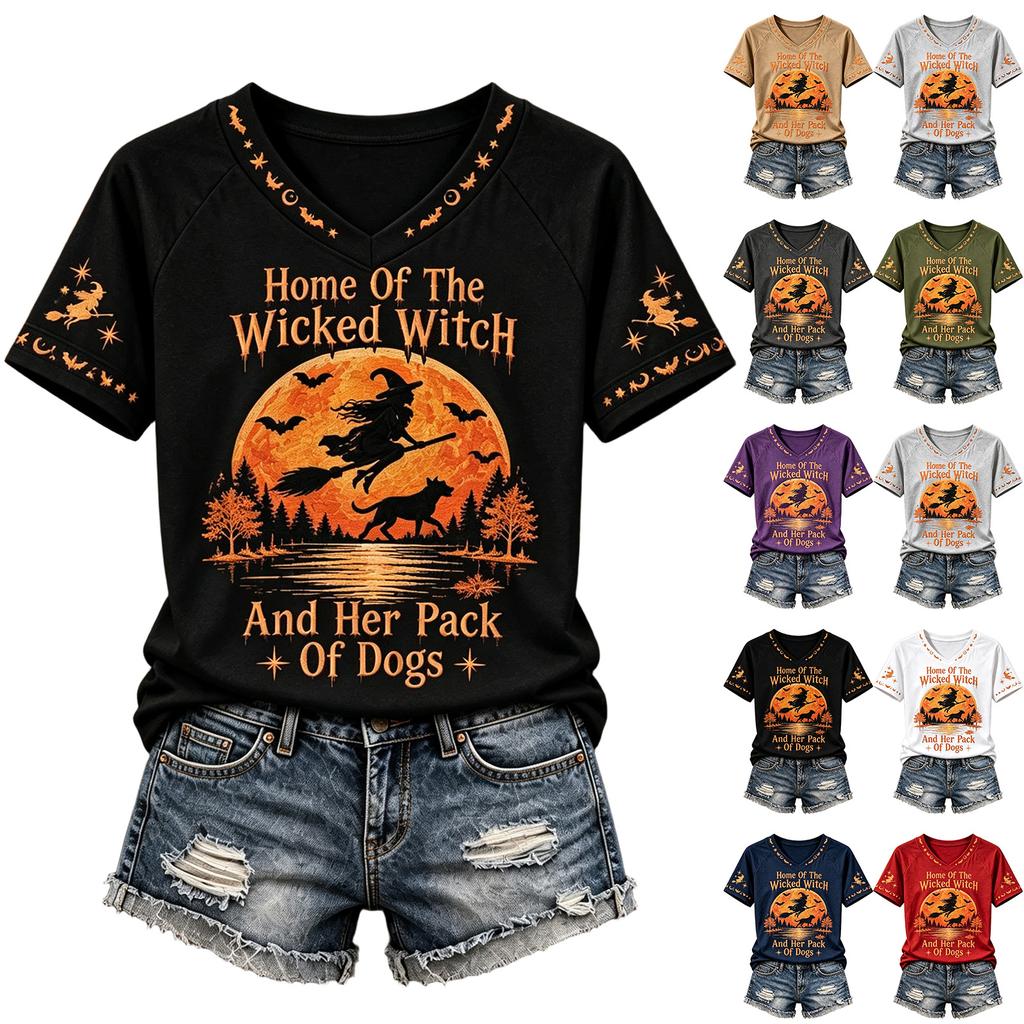 T-shirt d'Halloween pour femme avec imprimé lettres, Manches courtes décontracté à col rond, Vêtement de tous les jours