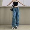 Modische Street Style Arbeitshose Mehrere Taschen Lang Weiter Beinschnitt Patchwork Trendige Leute Rauchgrau Gewaschenes Aussehen Lange Hose