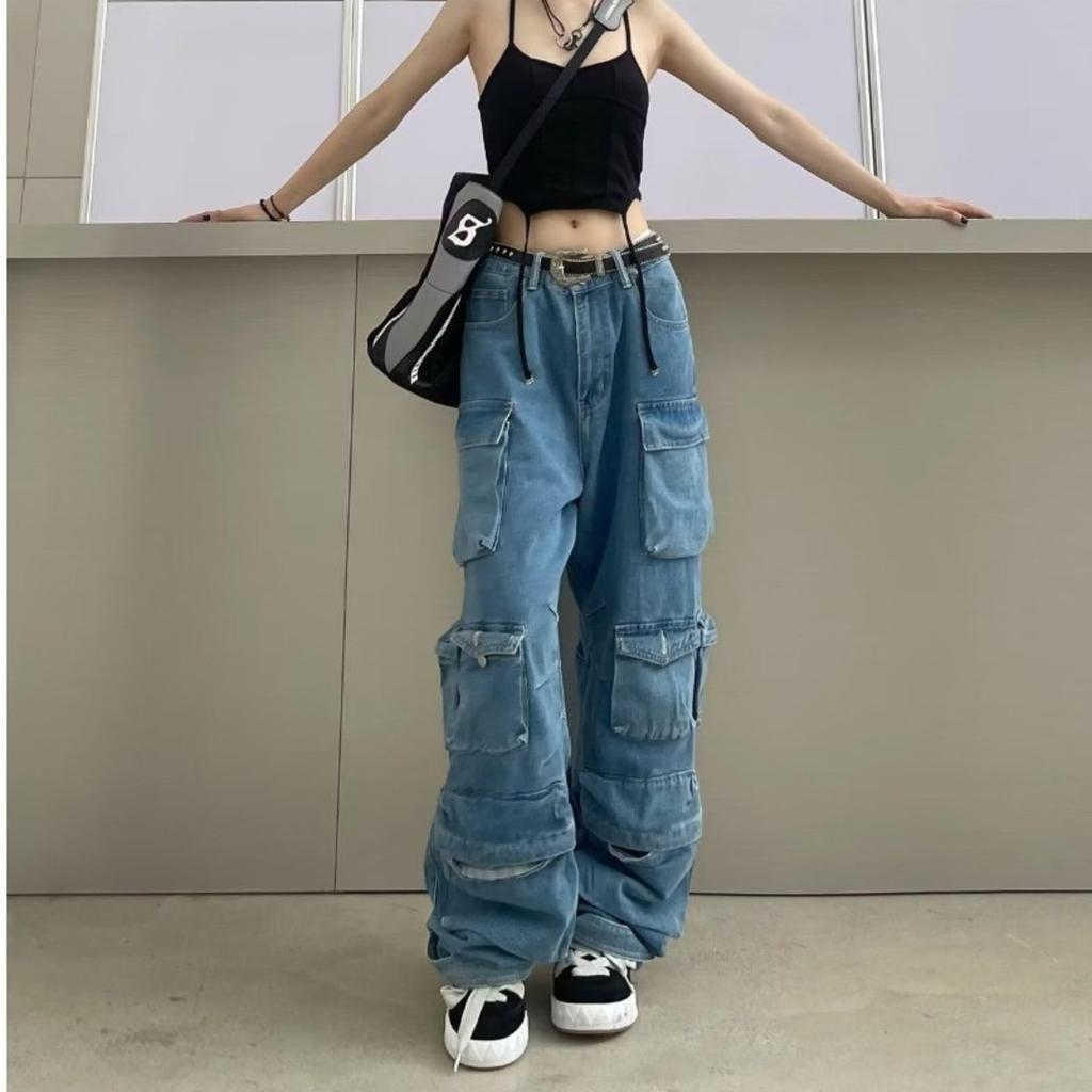 Modische Street Style Arbeitshose Mehrere Taschen Lang Weiter Beinschnitt Patchwork Trendige Leute Rauchgrau Gewaschenes Aussehen Lange Hose