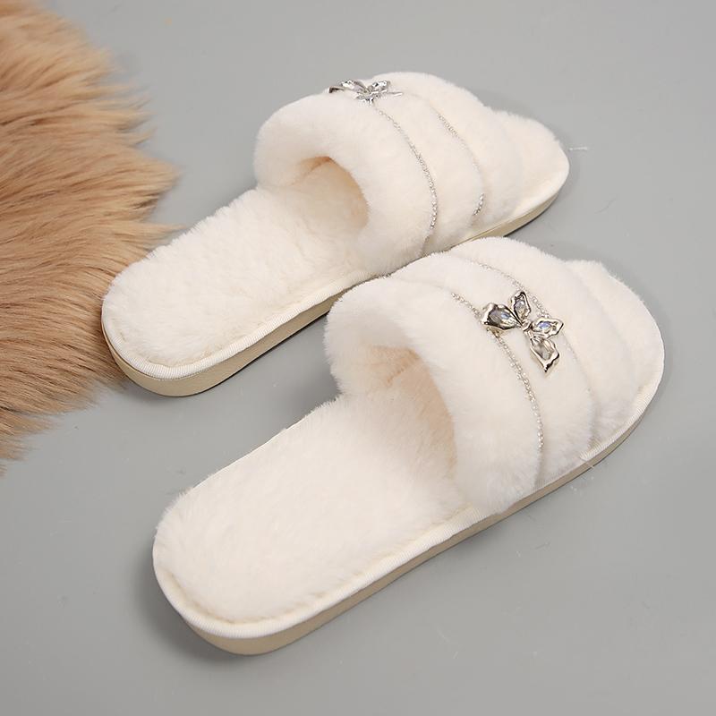 Metal Butterfly Decor Plush Slippers Women Indoor Home Open Toe Faux Fur Slides Woman Shiny Crystal Comfortable Fluffy Slippers