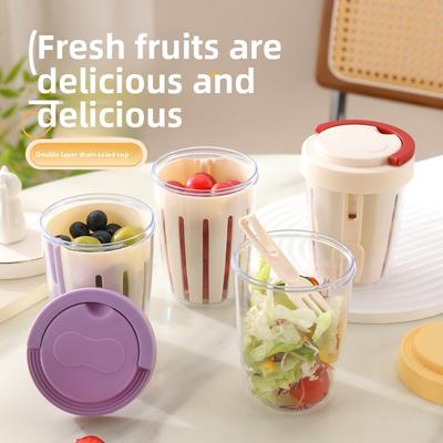 Obstsalat Doppelschichtige Abgießbare Lebensmittelqualität Tasse mit Gabel Frühstück Fitness Lunchbox Versiegelt Auslaufsicher Großvolumige Tasse