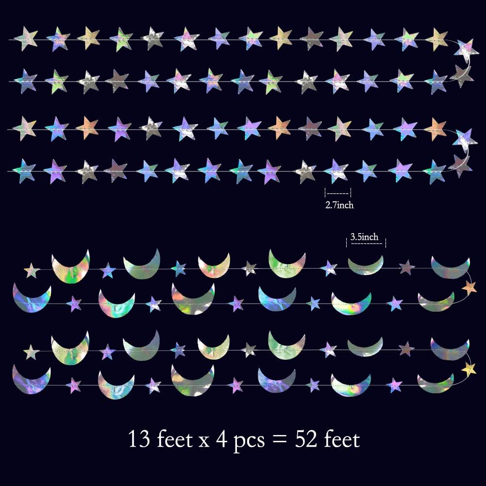 Cheerland Moon Star Garlands Iridescent Party Decoraions Hanging Moon Birthday Decoration Celestial Streamers Holographic Star Moon Decorations Alien