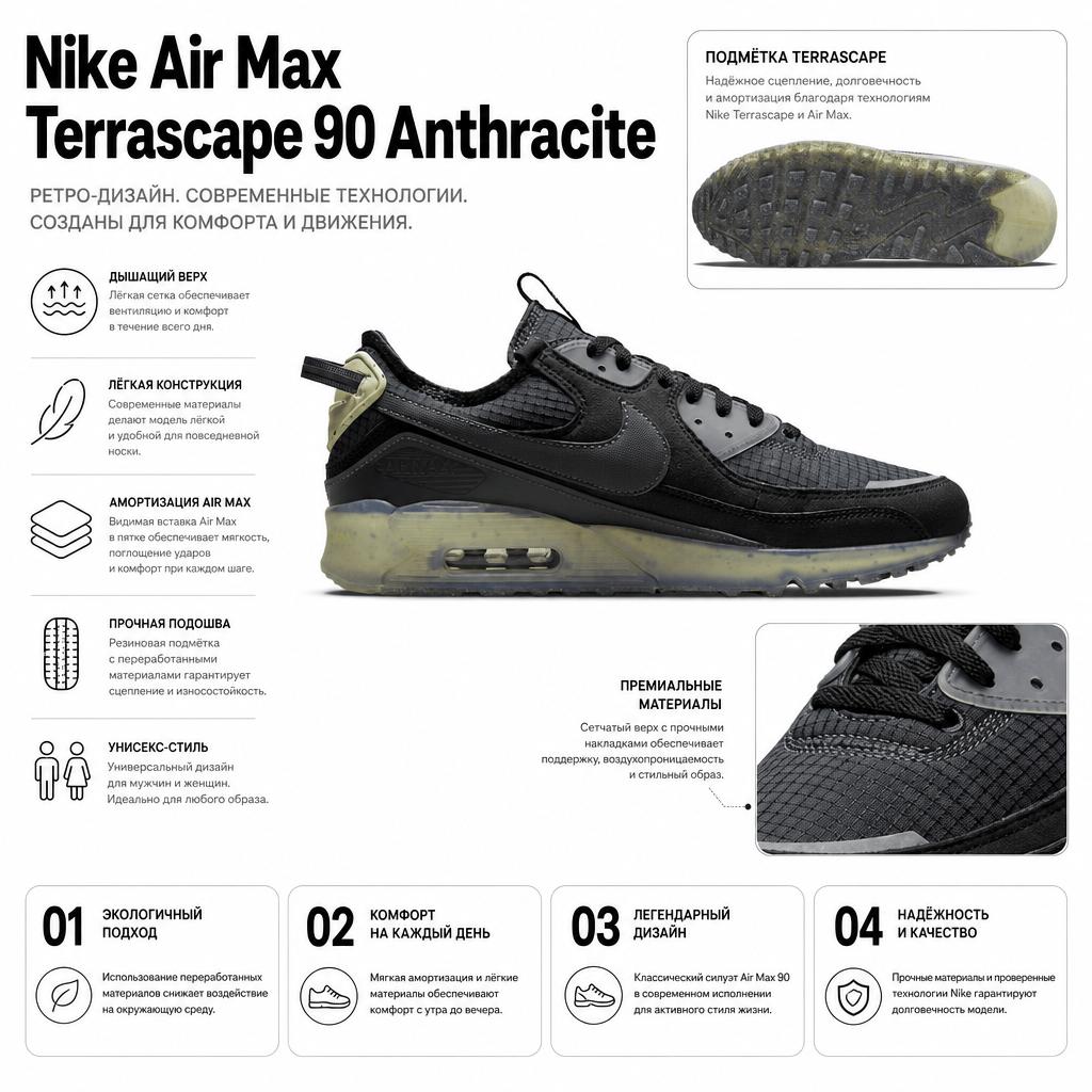 Nike Air Max Terrascape 90 Schwarz Lime Ice Unisex Sneaker Dunkelgrau Anthrazit Dunkelrauchgrau DH2973-001