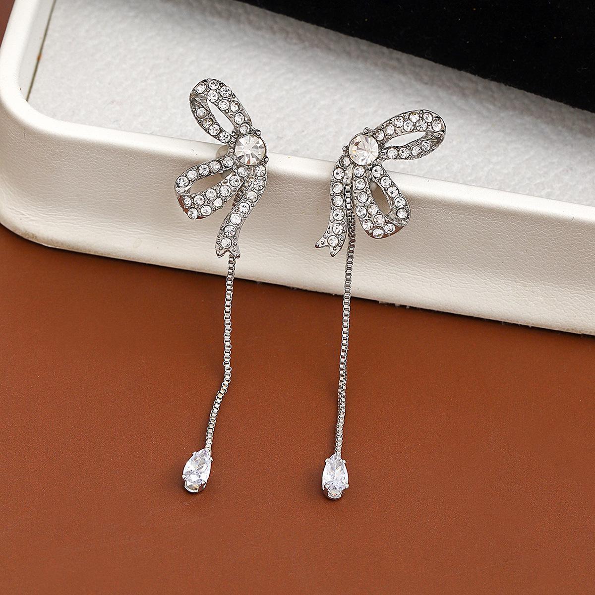 Korean Style Silver Needle Bow Earrings with Rhinestone Tassels