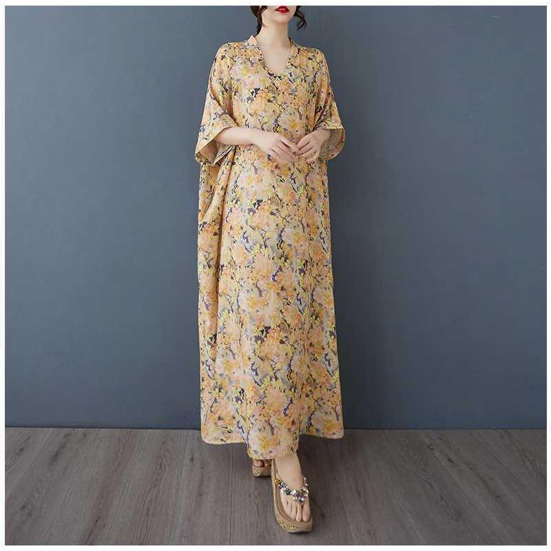 Women's Vintage Long Dress with Cotton and Linen Patterns