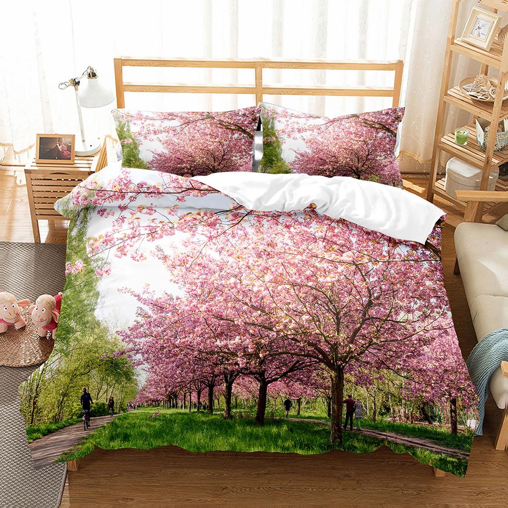 Kirschblüten-Bettbezug-Set, King-Queen-Größe, rosa Blumen-Polyester-Bettbezug für Kinder, Teenager, Erwachsene, Bettwäsche-Set