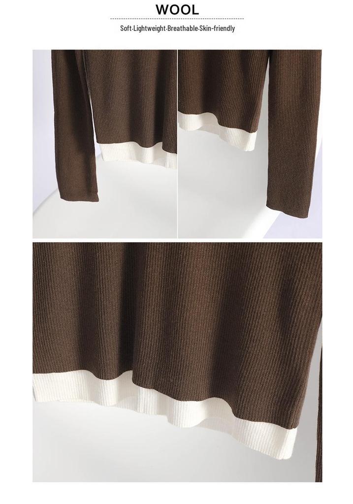 Women's 60s Fine Wool Color Block Sweater, Slim Fit, Elastic Round Neck, Fake Two-Piece Knitwear for Spring & Autumn