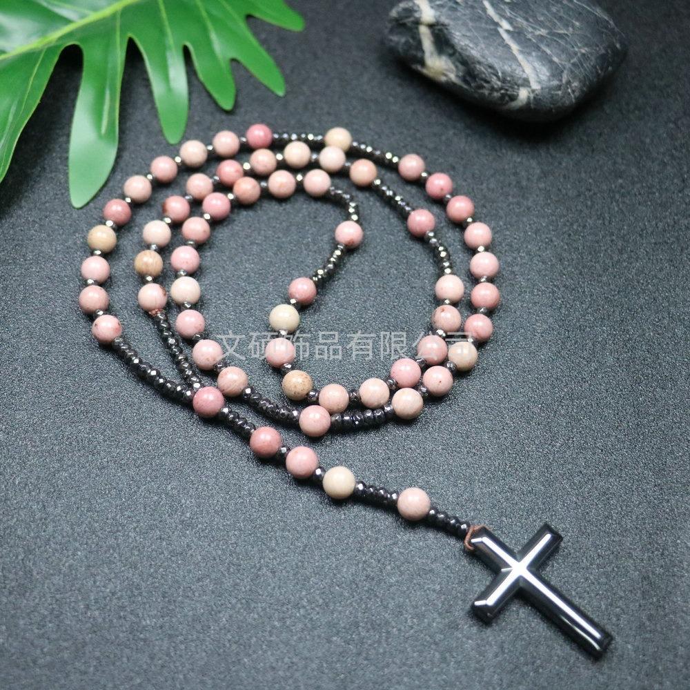 Collier pendentif croix en pierre naturelle, Croix en pierre d'œil de tigre et fer à bille chapelet collier pour homme
