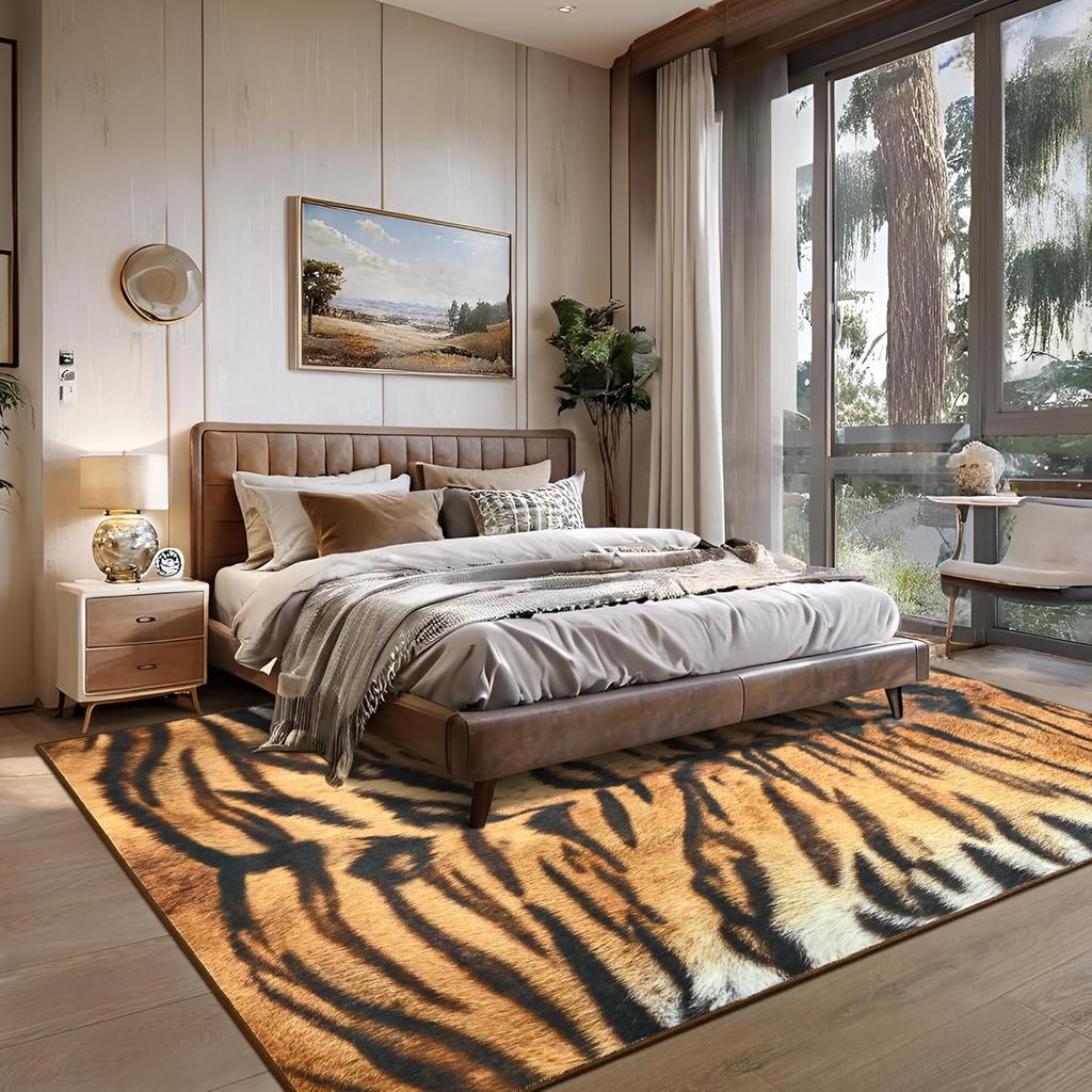 Teppich mit Tigerstreifen-Tierprint-Thema, rutschfeste Matte mit Wildleder-Design für Wohnzimmer & Schlafzimmer, kräftiger exotischer dekorativer Teppich