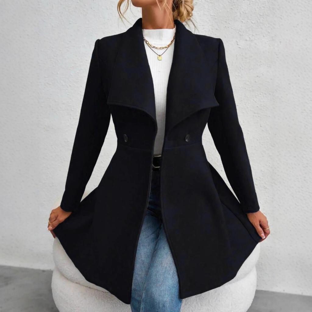 Autumn Winter Women's Notched Lapel Wool Coat, Double-Breasted Trench Style Overcoat with Solid Color Design, Elegant Outerwear for Office & Commute