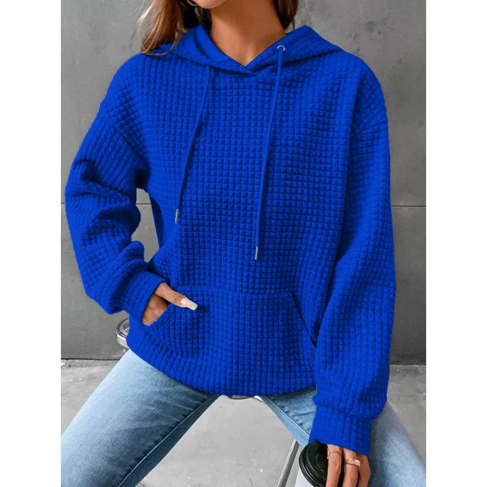 Women's Hooded Sweatshirt Spring and Autumn Style Waffle Fashion Beautiful Solid Color Hooded Drawstring Loose Sweatshirt
