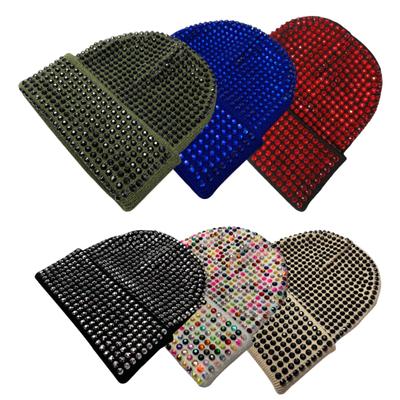Unisex Winter Hat Folded Brim Bonnet Solid Color Rhinestone Elastic Keep Warm Cap Adult Cold Weather Headwear for Outdoor And Daily
