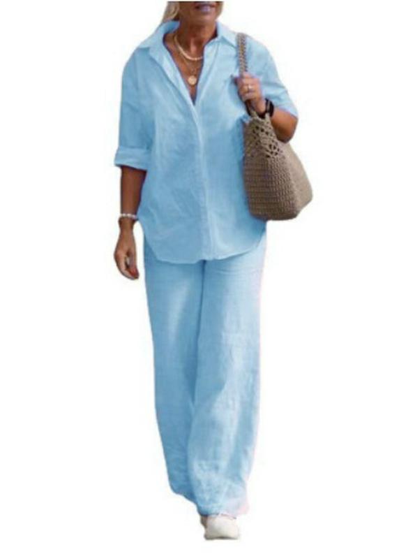 2023 Women's European & American Lapel Two-Piece Set: Long-Sleeve Shirt & Wide-Leg Pants for Spring & Autumn