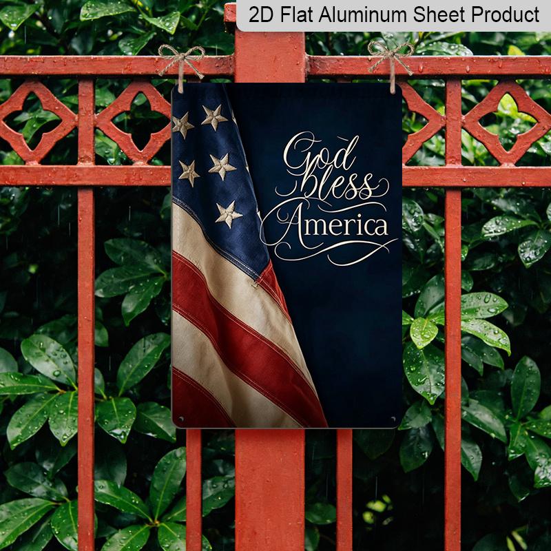 2D Flat "God Bless America" Patriotic Metal Sign, 8×12 Inch Aluminum Wall Art, Vintage American Flag Design, Durable Decor for Memorial Day