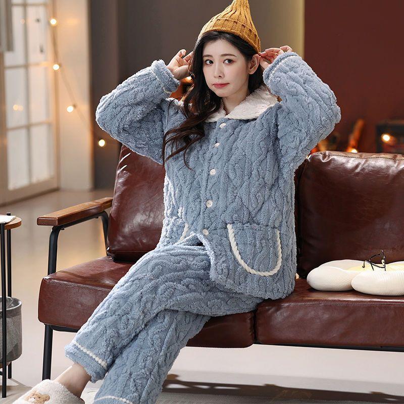 Pajamas women's three-layer thickened and cute winter can wear large-size warm padded loungewear