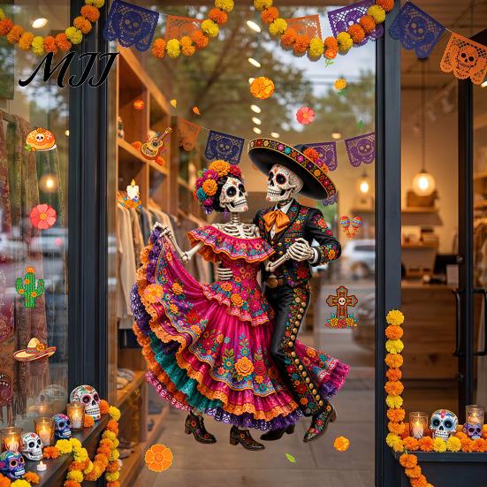Celebration Accessories Day of The Dead Window Clings, Halloween Double-Sided Skull Sticker, Decals Colorful Flower Skeleton Static for Mexican House