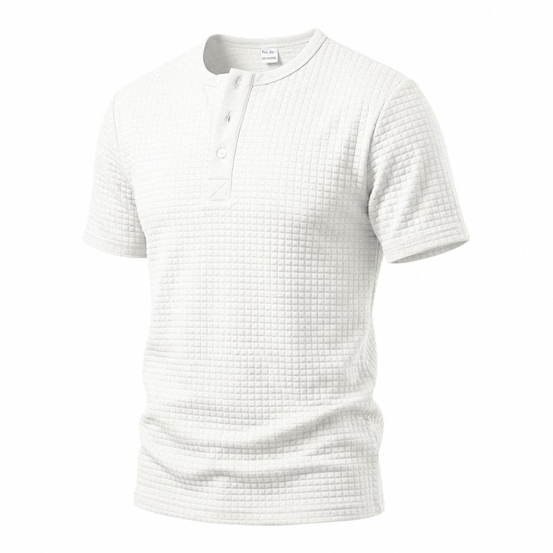 Men's Waffle Knit Henley T Shirts Short Sleeve Casual Solid Color Summer Basic Tee Tops