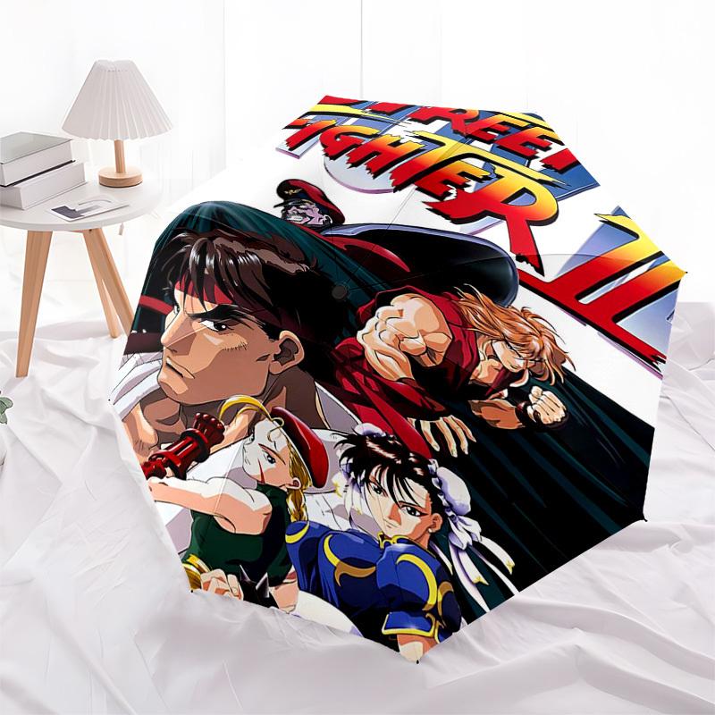 1pc Street Fighter II Auto-Folding Umbrella, 3-Panel Design with 8-Bone Iron Frame, Outdoor for Fans, Travelers, Everyday Use, Perfect Gift for Festiv