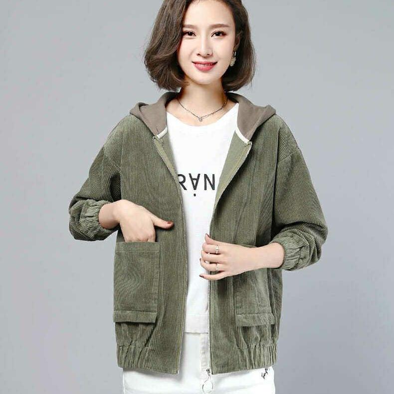 Women's Corduroy Jacket Winter Spring Autumn Plus-size Loose Fleece Hooded Jacket Short