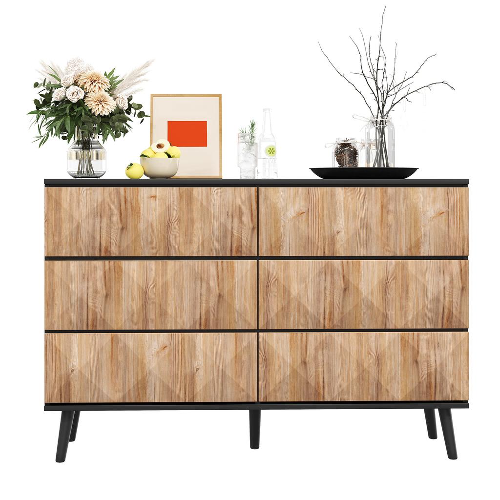 The sideboard and the dresser are characterized by a combination of black and natural wood tones as well as raised doors.