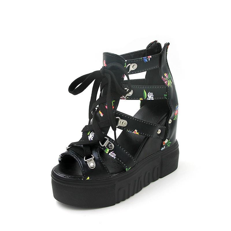 Womens High-Top Floral Print Chunky Platform Wedge Sandals With Ankle Tie Zipper Back