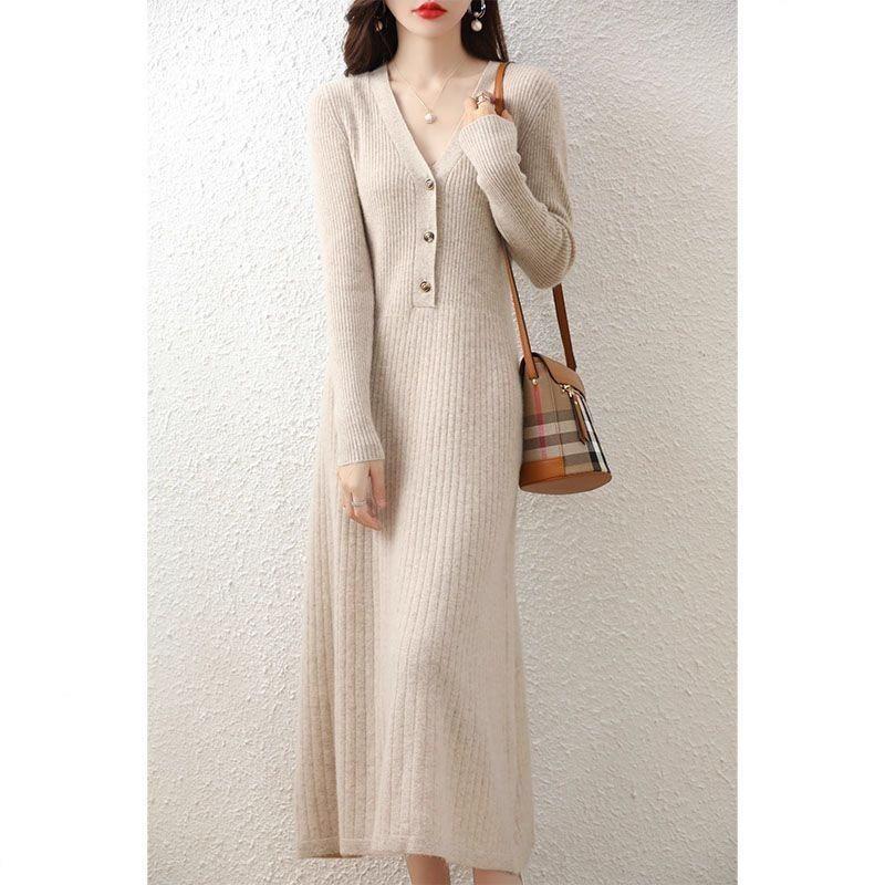 Autumn and winter new solid color thin temperament medium and long sweater skirt women's coat with bottom knitted dress