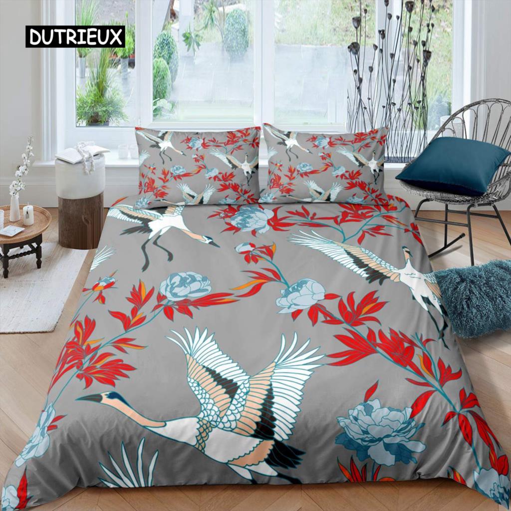 Kranich-Bettbezug-Set Queen Size Bettwäsche-Set im japanischen Stil Kirschblüten-Muster Damen Mädchen Japanischer traditioneller Bettbezug