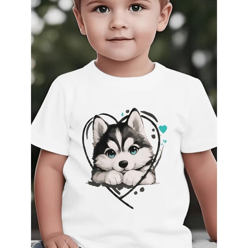 European Sizes Boys' Short-Sleeve T-Shirt with Husky Puppy Print - Boys' Round Neck Casual Shirt Suitable for Spring Summer Fall