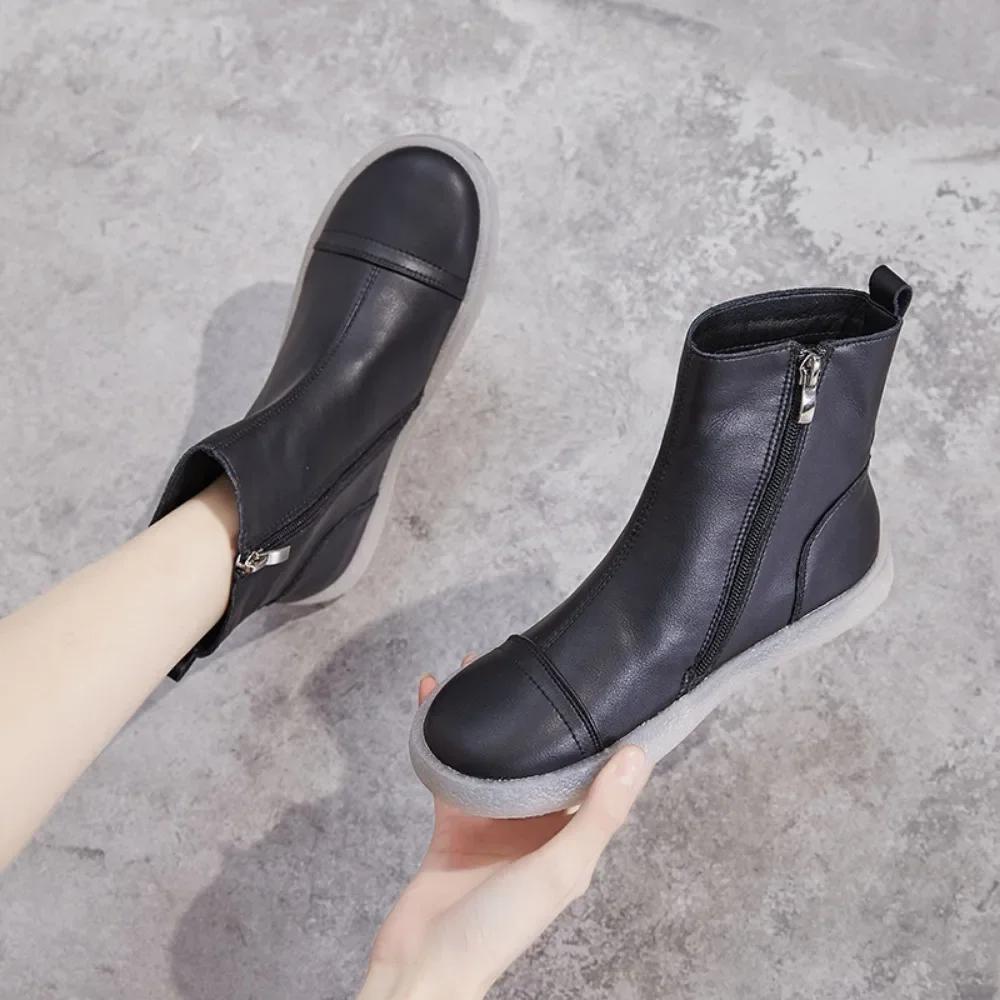 Short Boots Women's Autumn Winter New Item Cowhide Soft Soled Women's Boots Casual High Top Shoes Side Zipper Ankle Boots Women