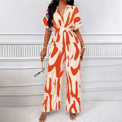 Wide Leg Jumpsuit Women Spring and  Summer Fashion Short Sleeved High Waist V-neck Full Body Printed Bat Sleeve Jump Suits