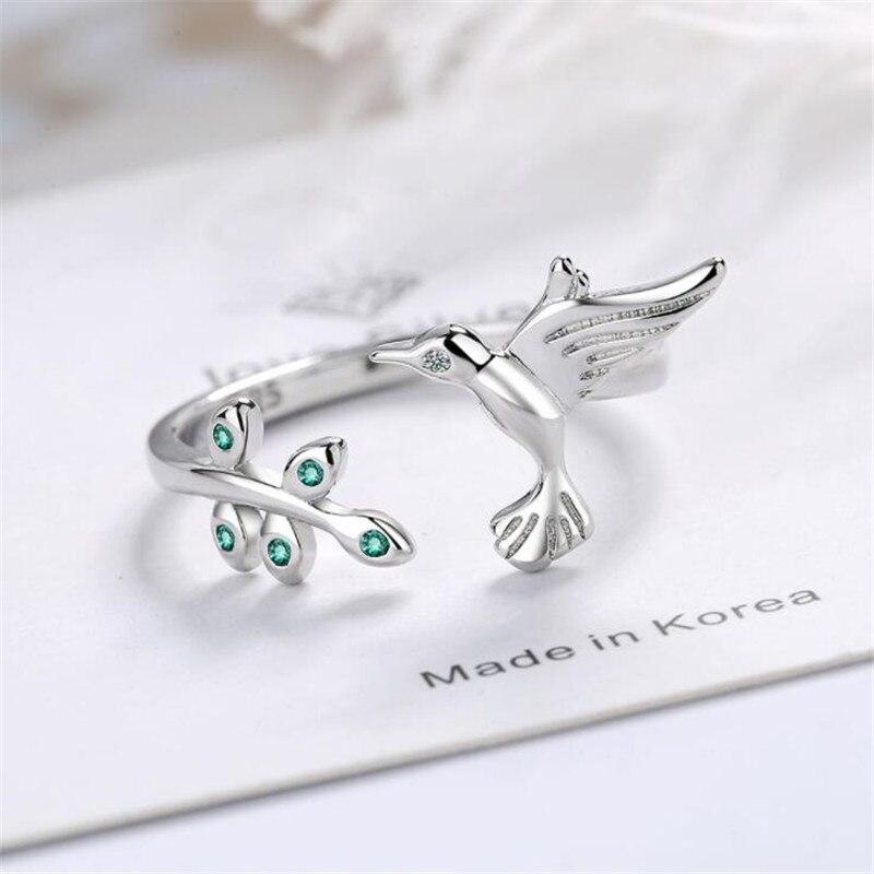 New Creative Bird Sweet Flower 925 Sterling Silver Jewelry Personality Cute Fresh Leaf Branch Art Opening Rings Xzr041